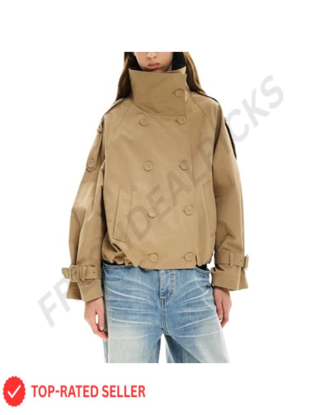 Women's Cropped Trench Coat Funnel Neck Double Breasted Pleated Hem with Pockets